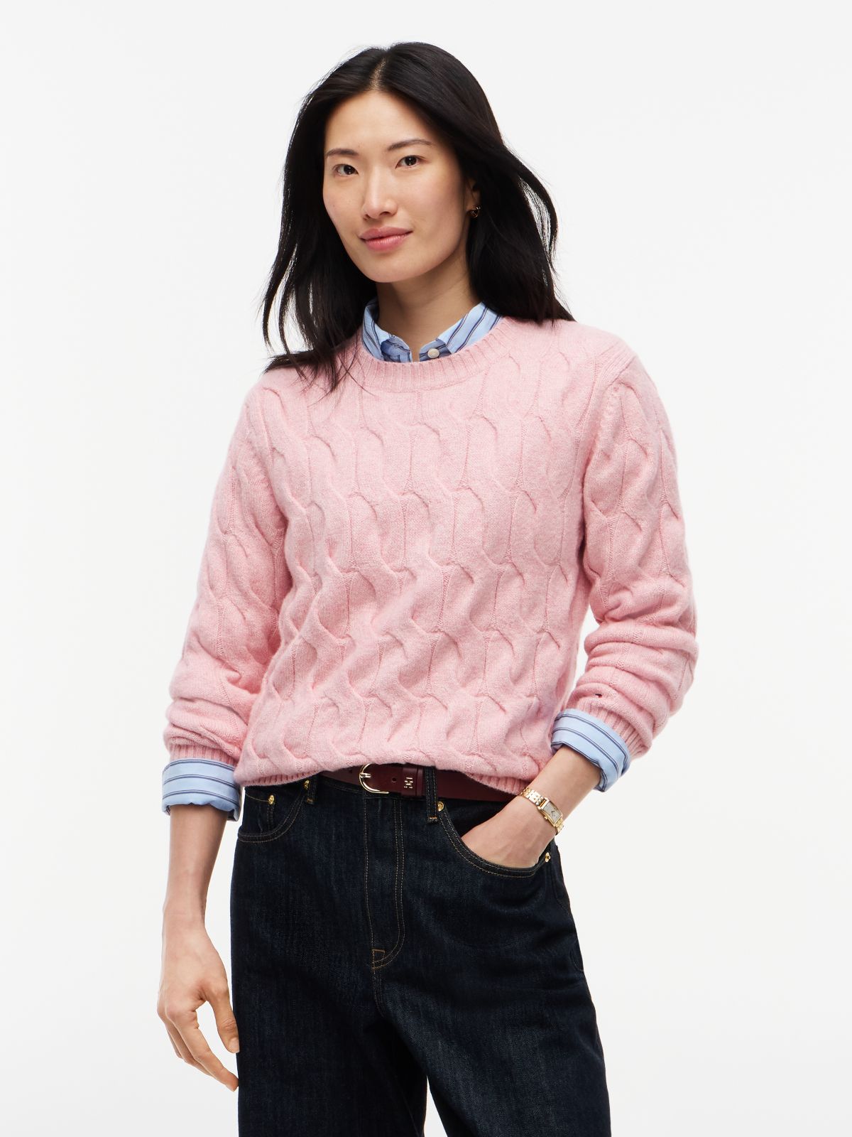 TH Soft Touch Cable Knit Crewneck Sweater — Pink