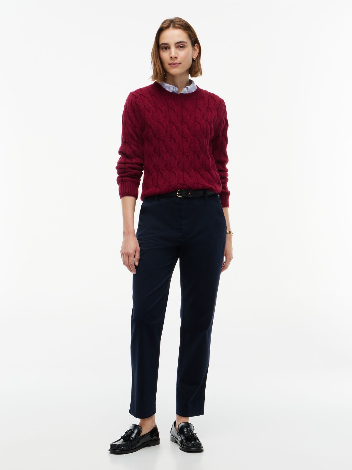 TH Soft Touch Cable Knit Crewneck Sweater — Burgundy