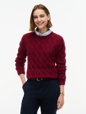 Cable Knit Crewneck Sweater, Burgundy