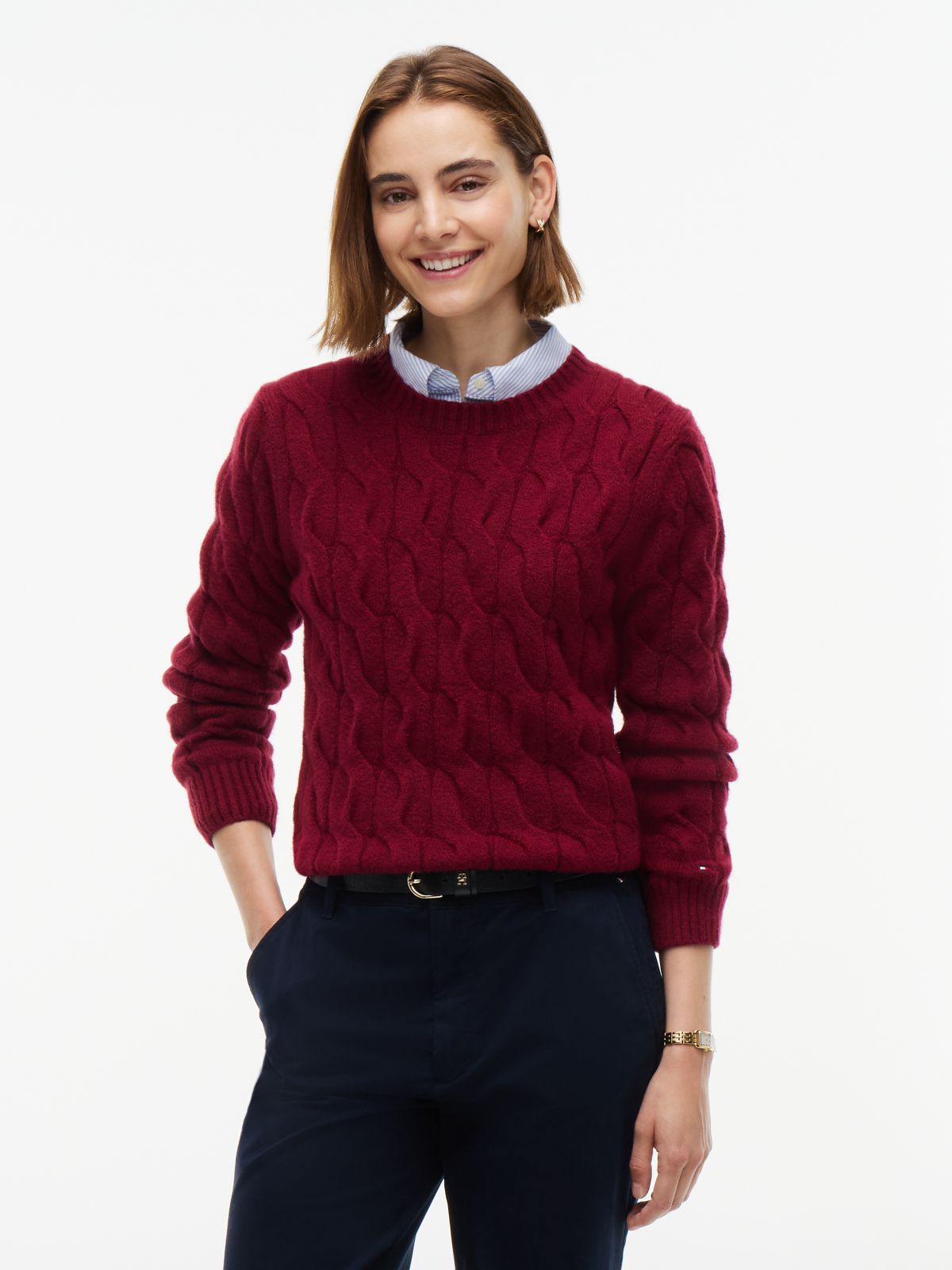 TH Soft Touch Cable Knit Crewneck Sweater — Burgundy