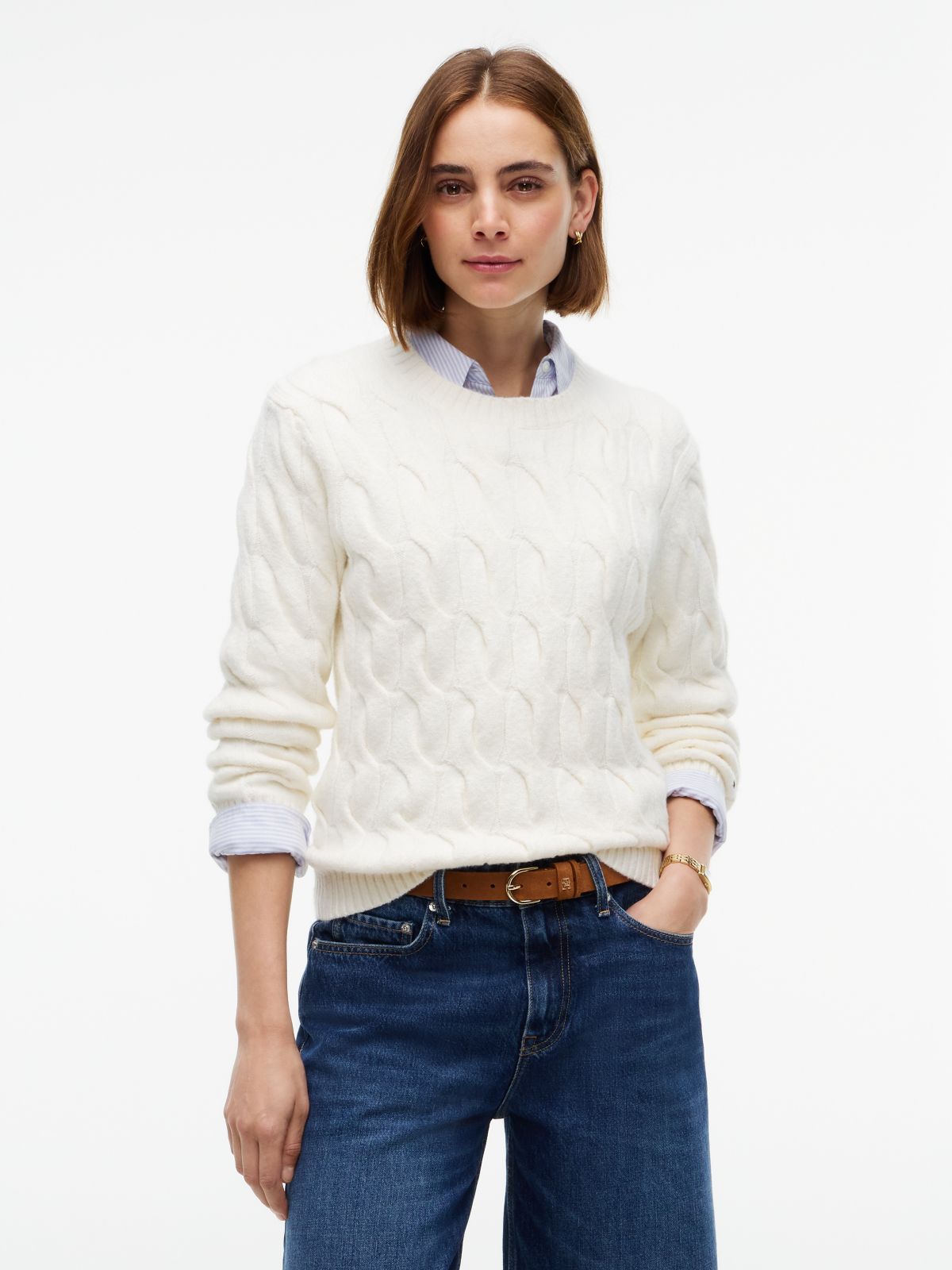 TH Soft Touch Cable Knit Crewneck Sweater — Rich Cream
