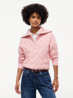 Cable Knit Quarter-Zip Sweater, Pink