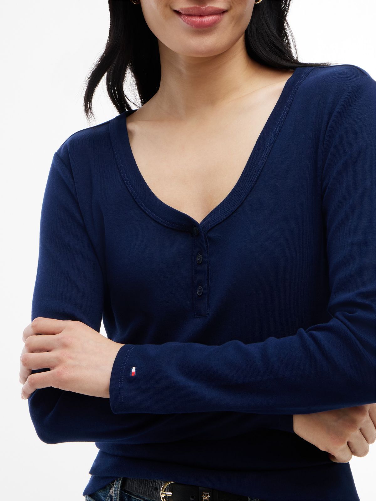 Gold-Button Rib-Knit Henley — Carbon Navy