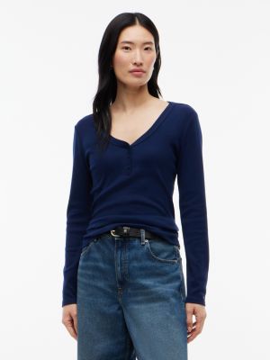 Gold-Button Rib-Knit Henley, Carbon Navy
