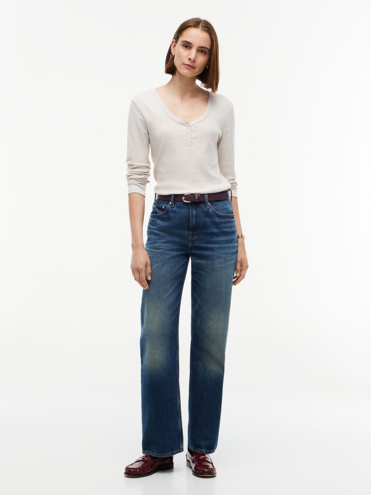 Gold-Button Rib-Knit Henley — Dark Beige