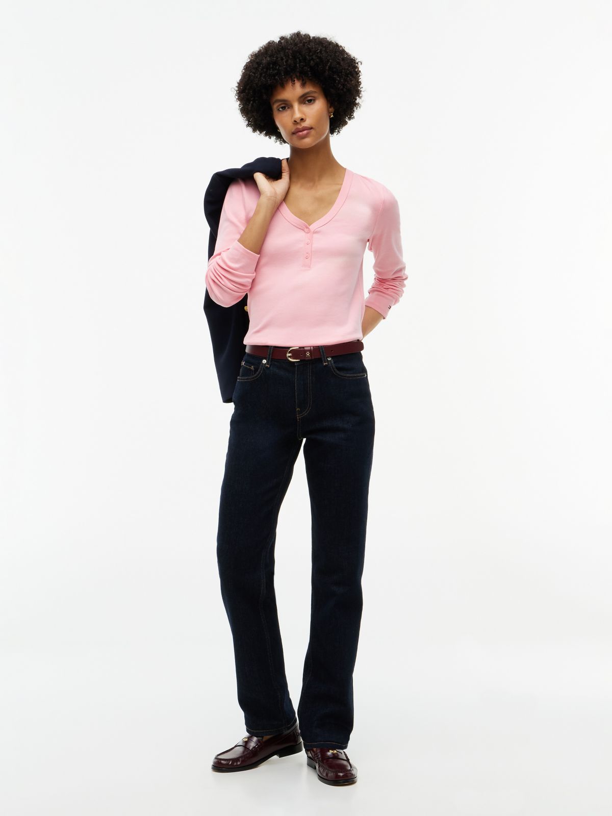 Gold-Button Rib-Knit Henley — Iced Rose