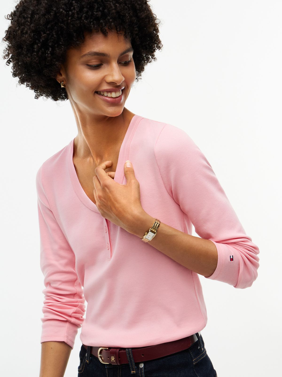 Gold-Button Rib-Knit Henley — Iced Rose