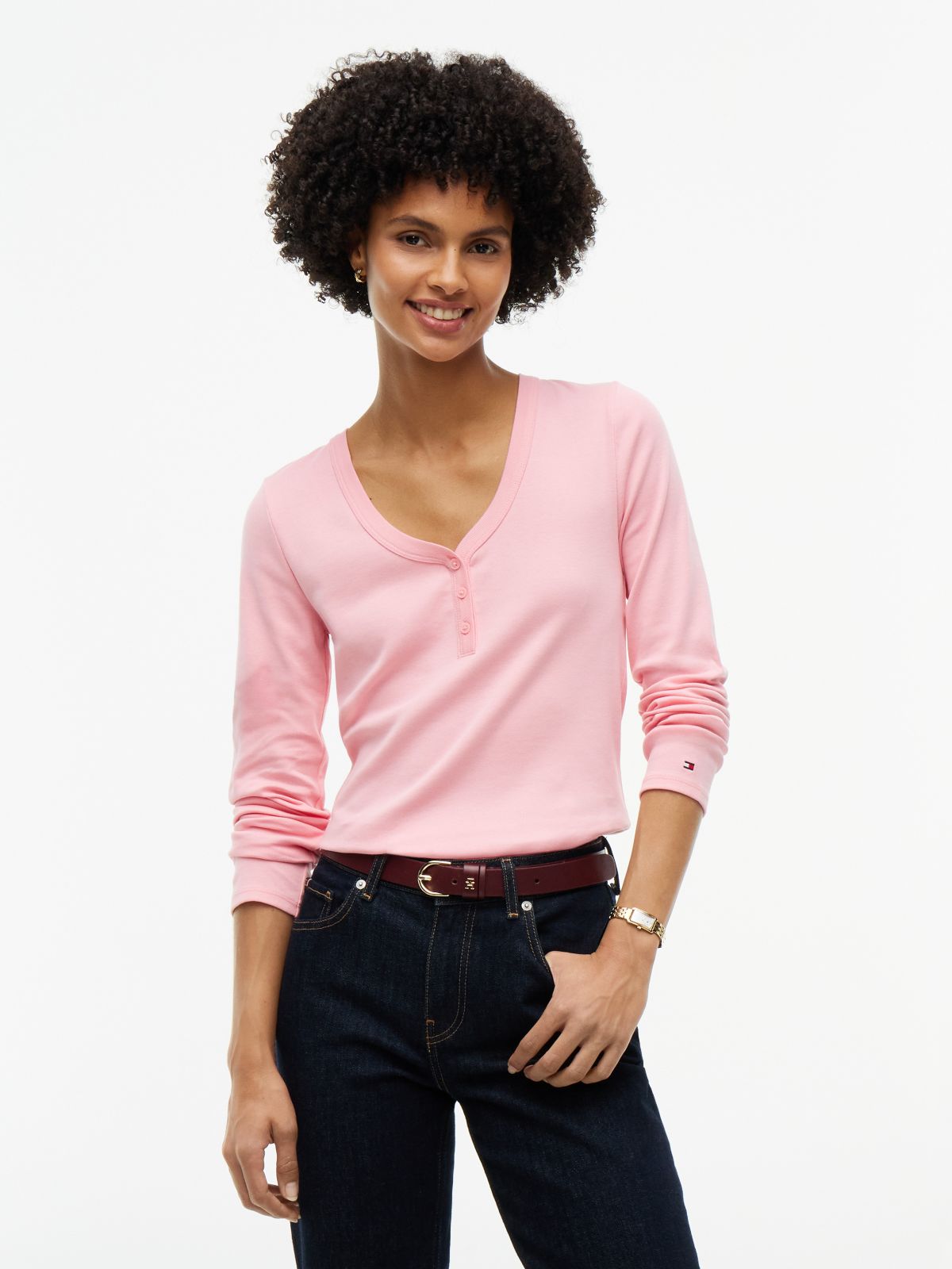 Gold-Button Rib-Knit Henley — Iced Rose