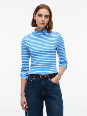 Slim Fit Striped Mockneck T-Shirt, Blue