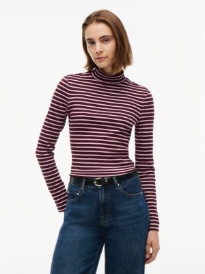 Slim Fit Striped Mockneck T-Shirt, Mystic Orchid