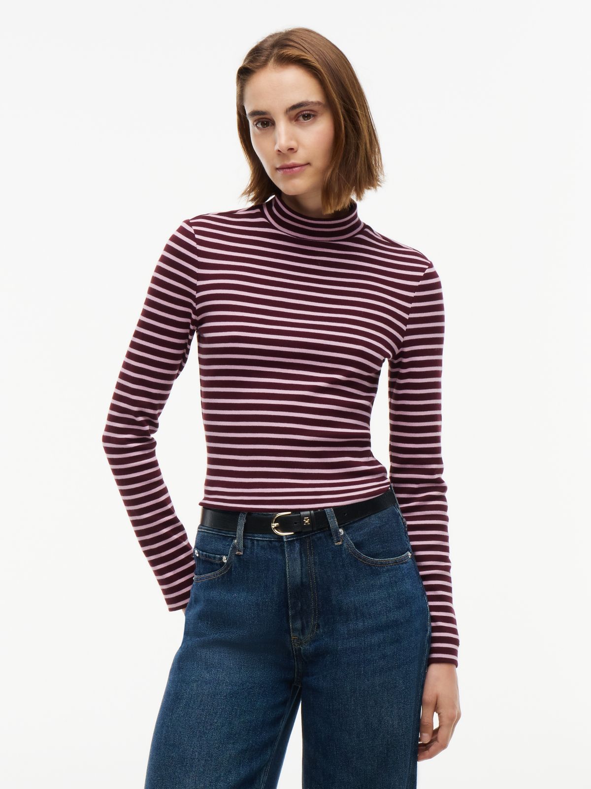 Slim Fit Striped Mockneck T-Shirt — Mystic Orchid