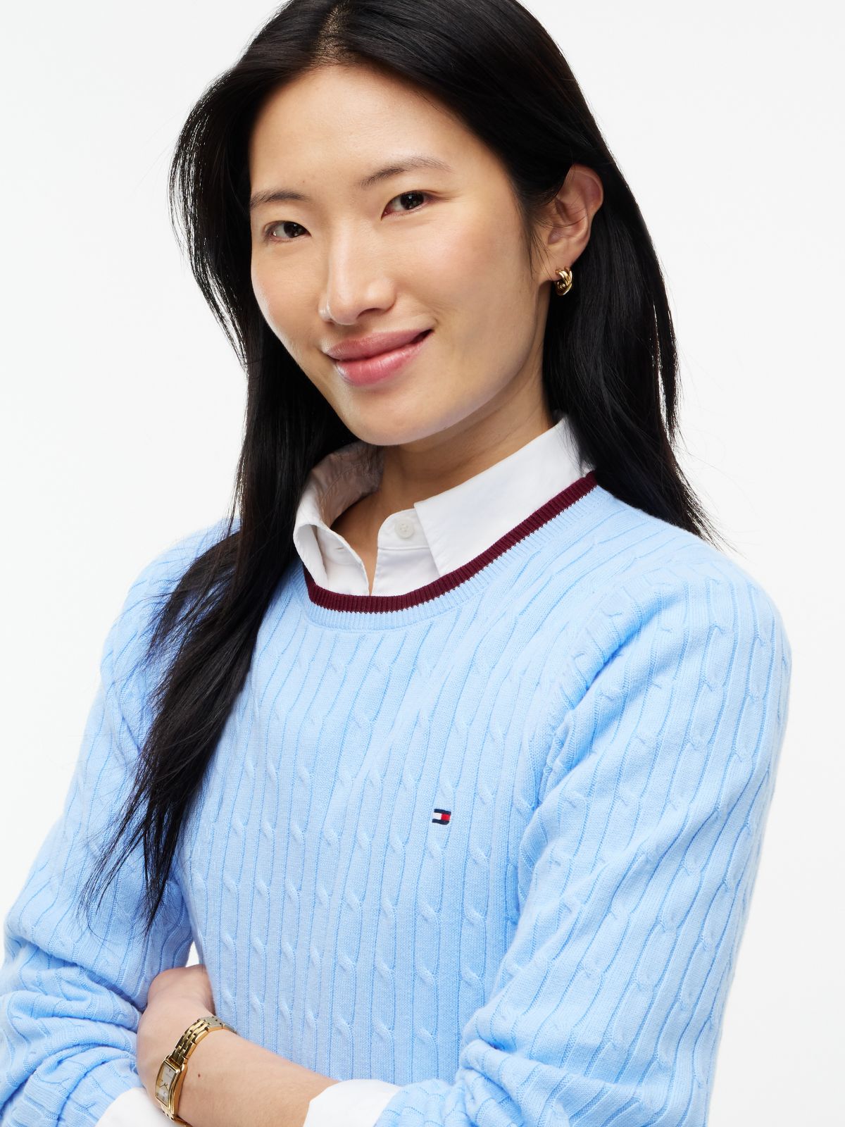 Cable Knit Tipped Crewneck Sweater — Vessel Blue