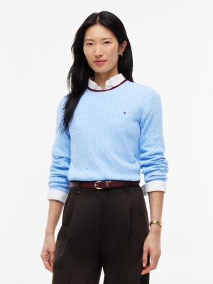 Cable Knit Tipped Crewneck Sweater, Vessel Blue