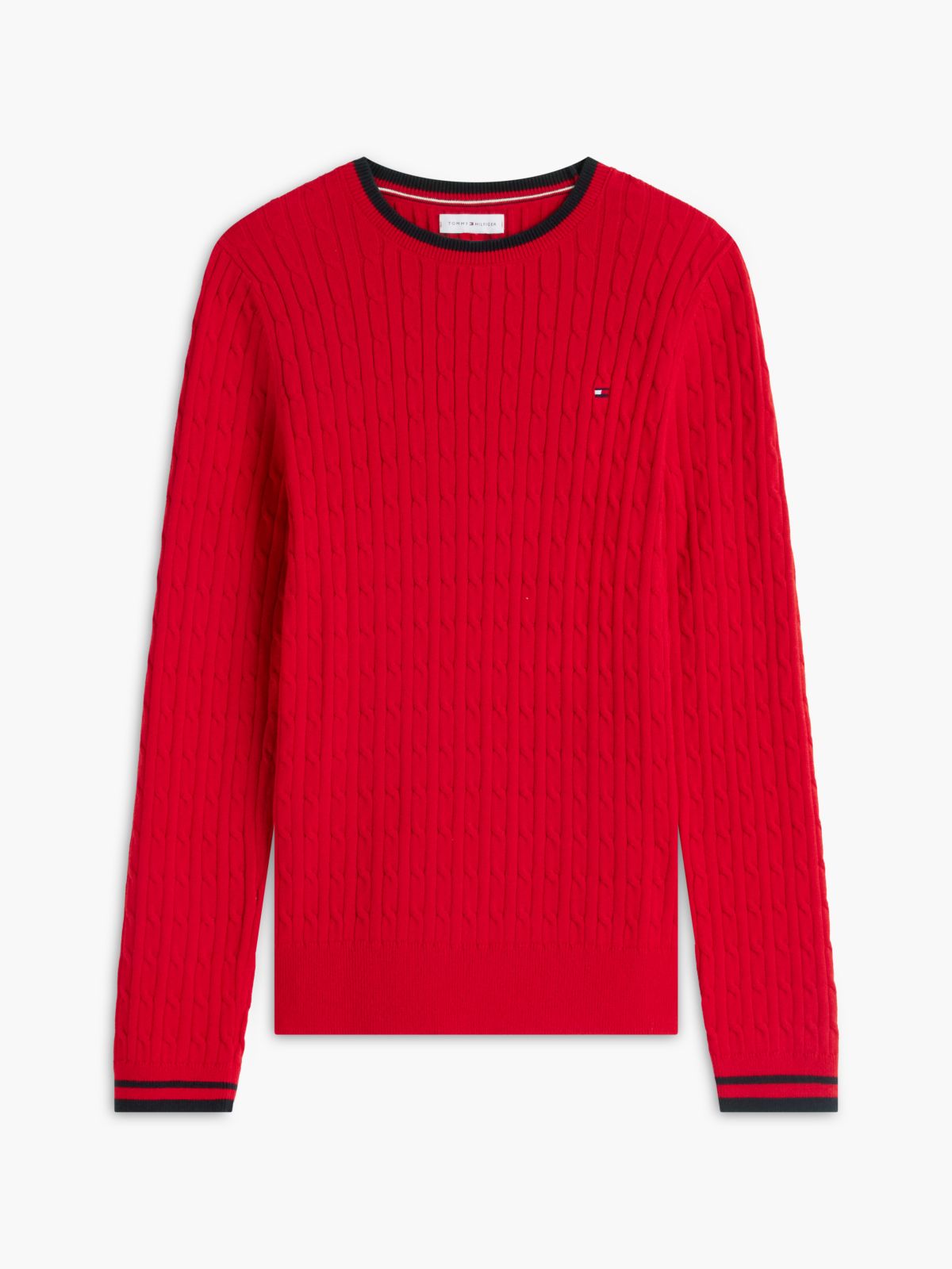 Cable Knit Tipped Crewneck Sweater — Red