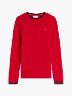 Cable Knit Tipped Crewneck Sweater — Red 5