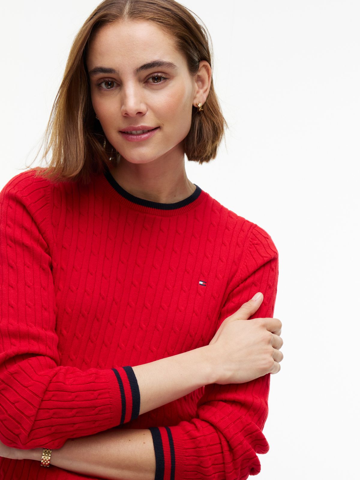 Cable Knit Tipped Crewneck Sweater — Red