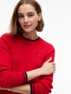 Cable Knit Tipped Crewneck Sweater — Red 3