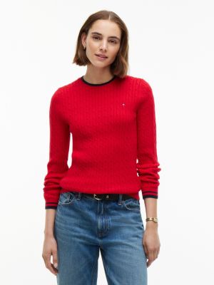 Cable Knit Tipped Crewneck Sweater, Red