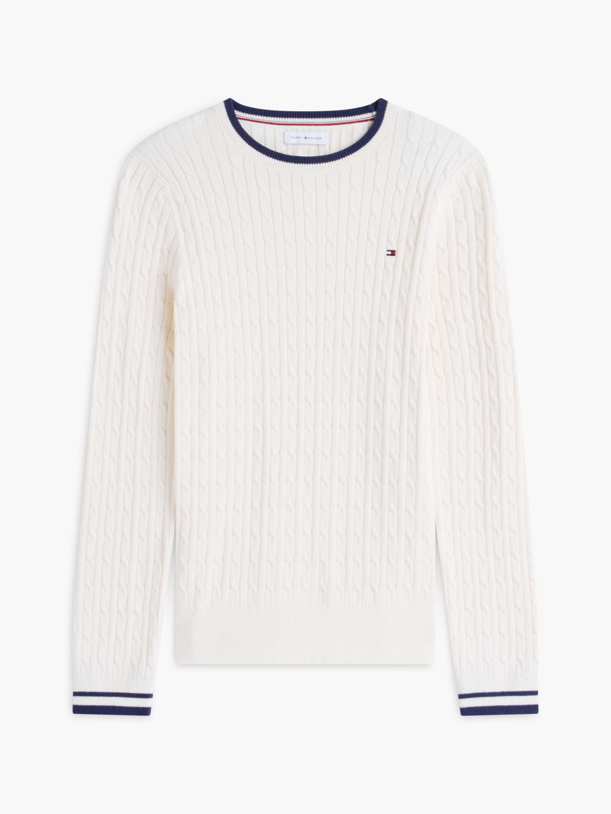 Cable Knit Tipped Crewneck Sweater — Rich Cream