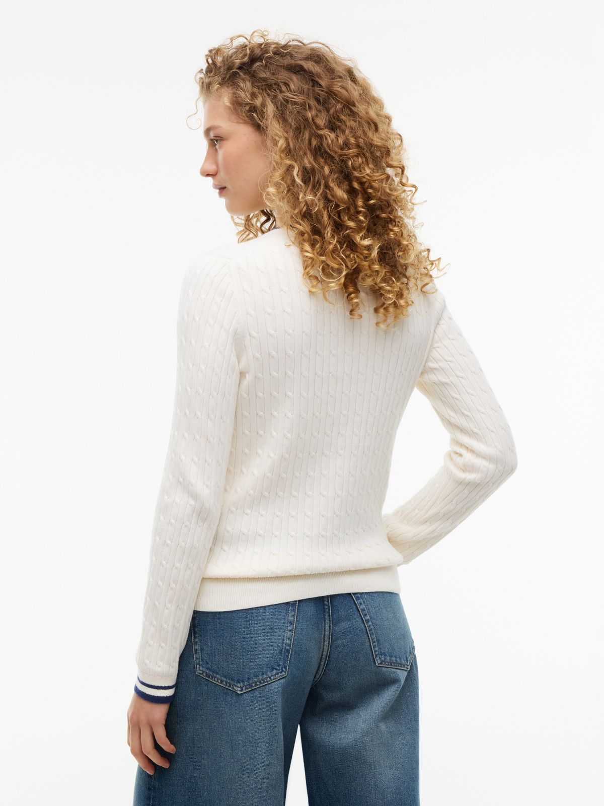 Cable Knit Tipped Crewneck Sweater — Rich Cream