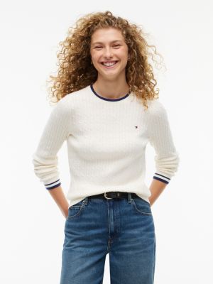 Cable Knit Tipped Crewneck Sweater, Rich Cream