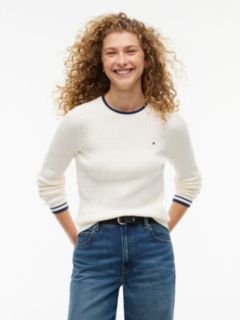 Cable Knit Tipped Crewneck Sweater — Rich Cream 1