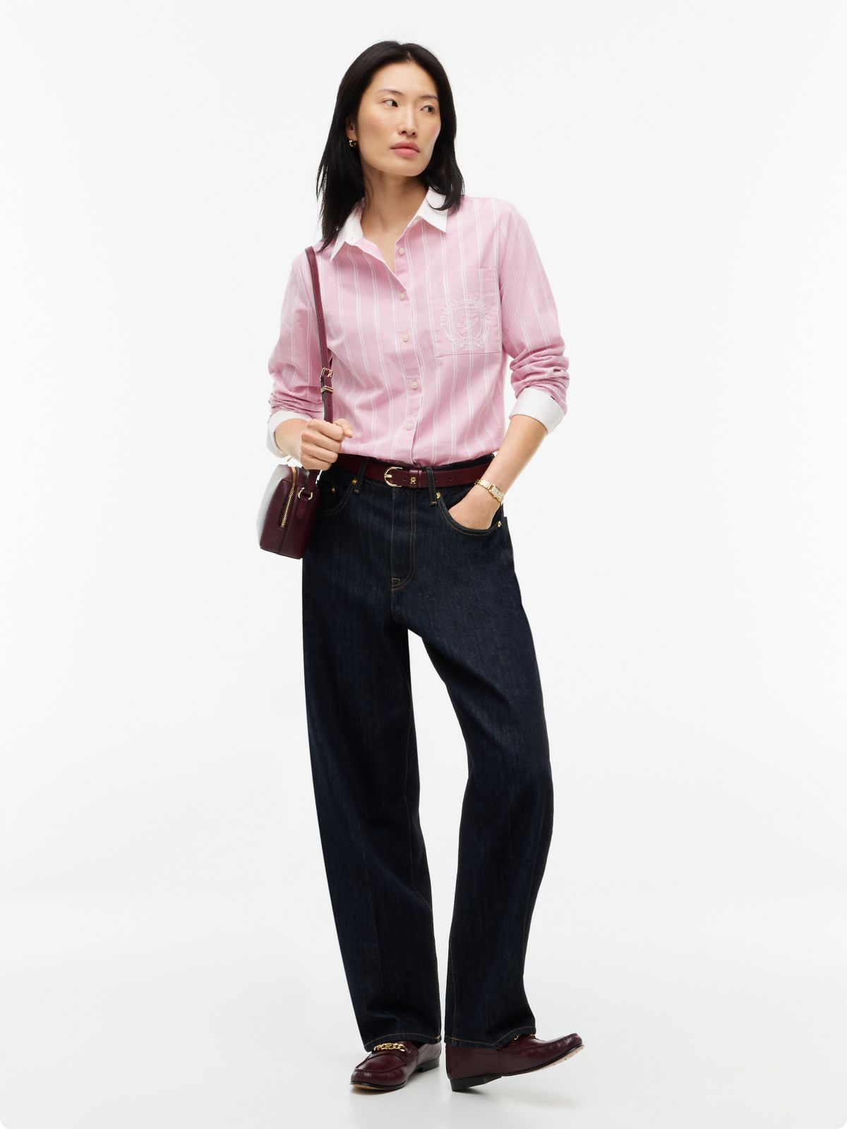 Embroidered Crest Striped Oxford Shirt — Mystic Pink