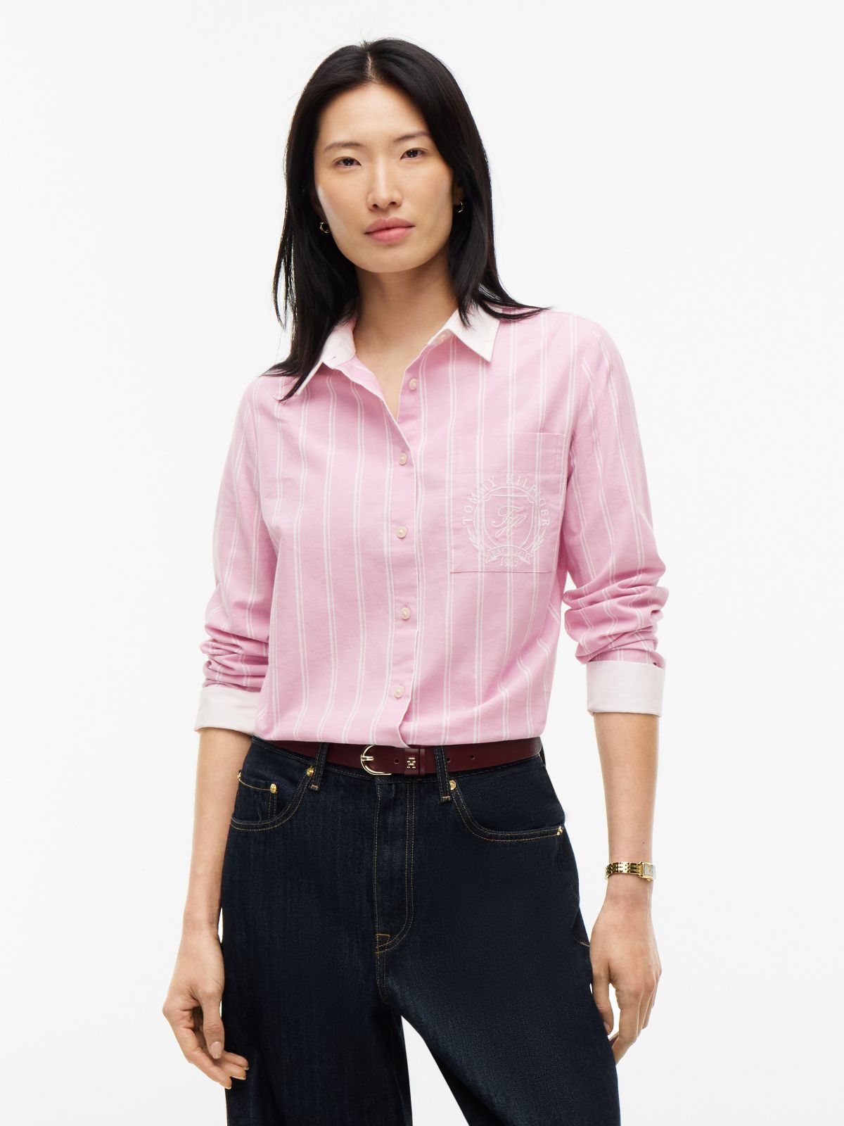 Embroidered Crest Striped Oxford Shirt — Mystic Pink