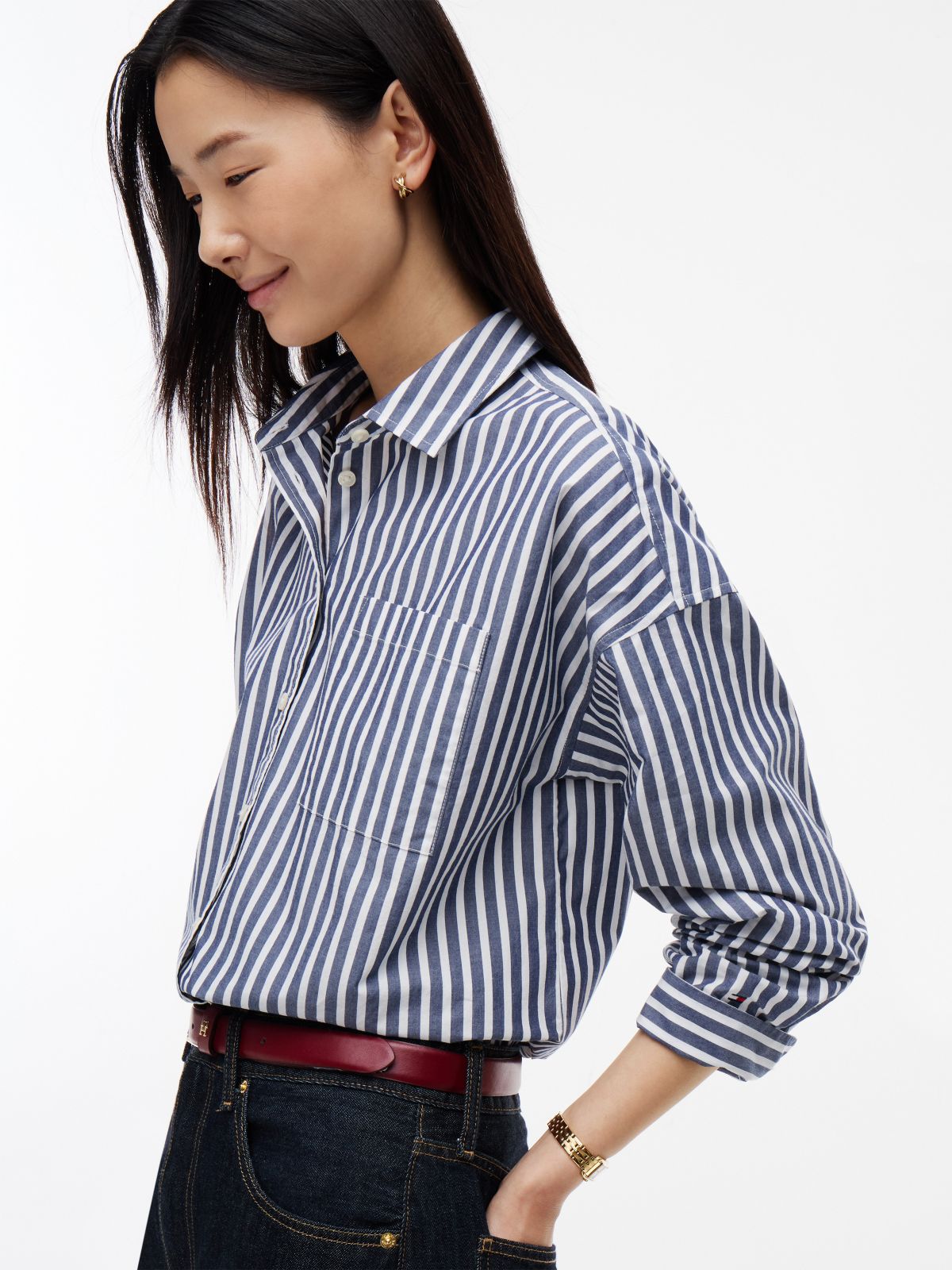 Striped Poplin Pocket Shirt — Preppy Navy