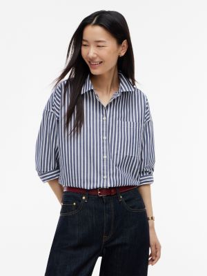 Oversized Striped Poplin Pocket Shirt, Preppy Navy