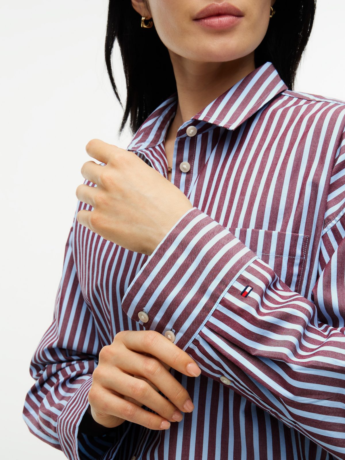 Striped Poplin Pocket Shirt — Burgundy