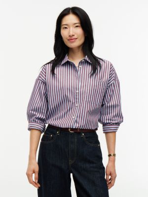Oversized Striped Poplin Pocket Shirt, Burgundy