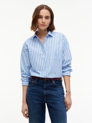 Relaxed Fit Striped Poplin Pocket Shirt, Light Blue