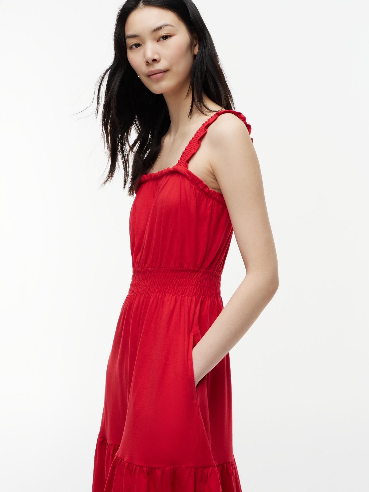 Ruffle-Trim Shirred Jersey Midi Dress — Primary Red