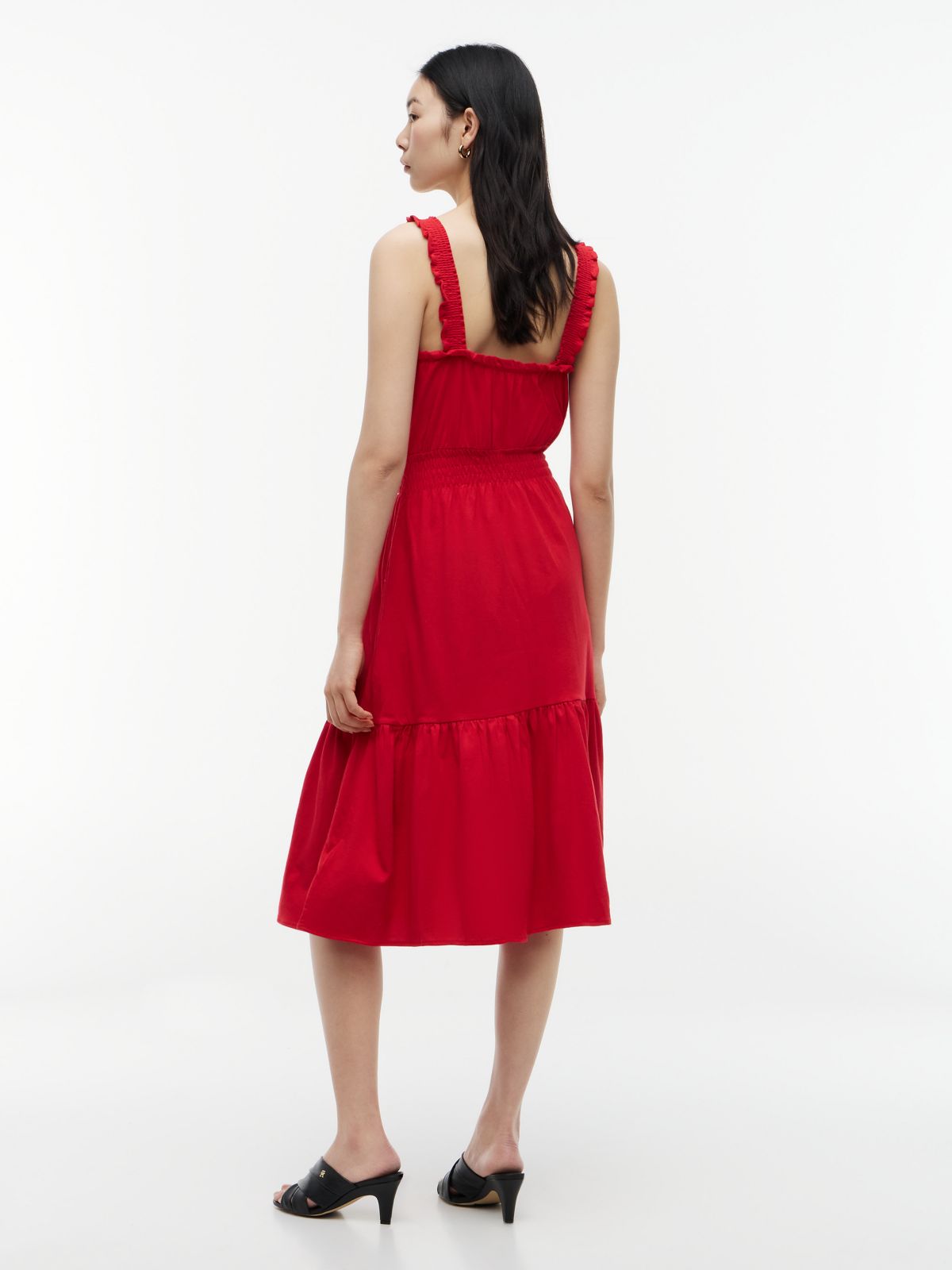 Ruffle-Trim Shirred Jersey Midi Dress — Primary Red