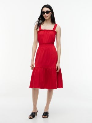 Ruffle-Trim Shirred Jersey Midi Dress, Primary Red