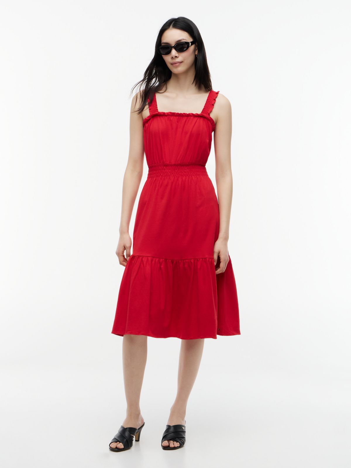 Ruffle-Trim Shirred Jersey Midi Dress — Primary Red