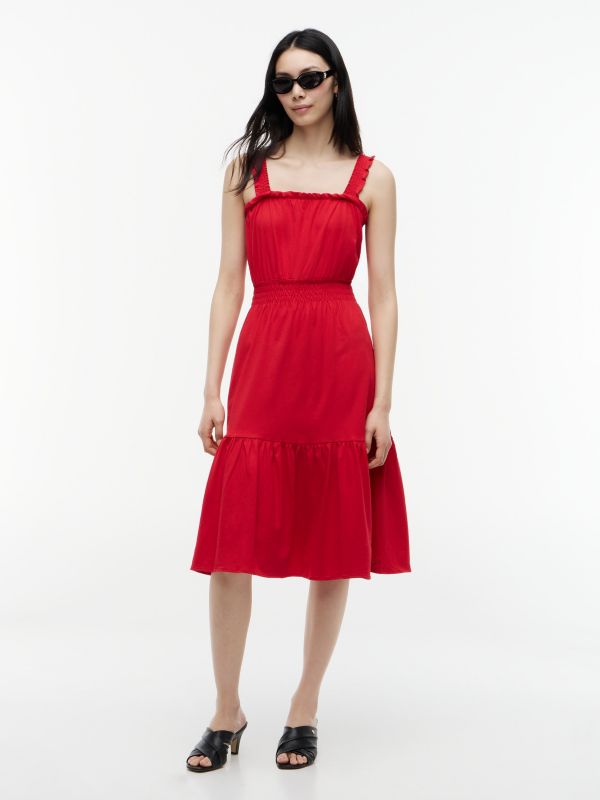 Ruffle-Trim Shirred Jersey Midi Dress — Primary Red