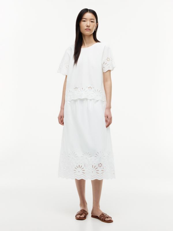 Embroidered Eyelet Poplin Midi Skirt — Optic White