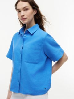 Short-Sleeve Linen-Blend Shirt — Siren Blue 3