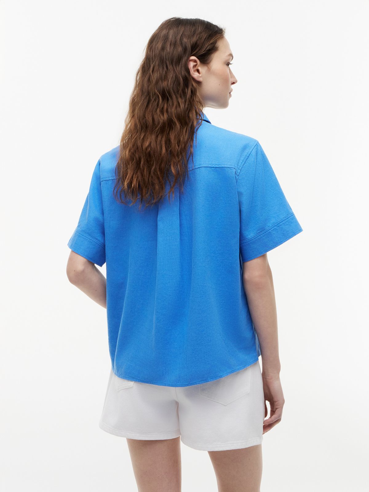 Short-Sleeve Linen-Blend Shirt — Siren Blue