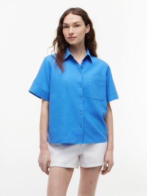 Short-Sleeve Linen-Blend Shirt, Siren Blue