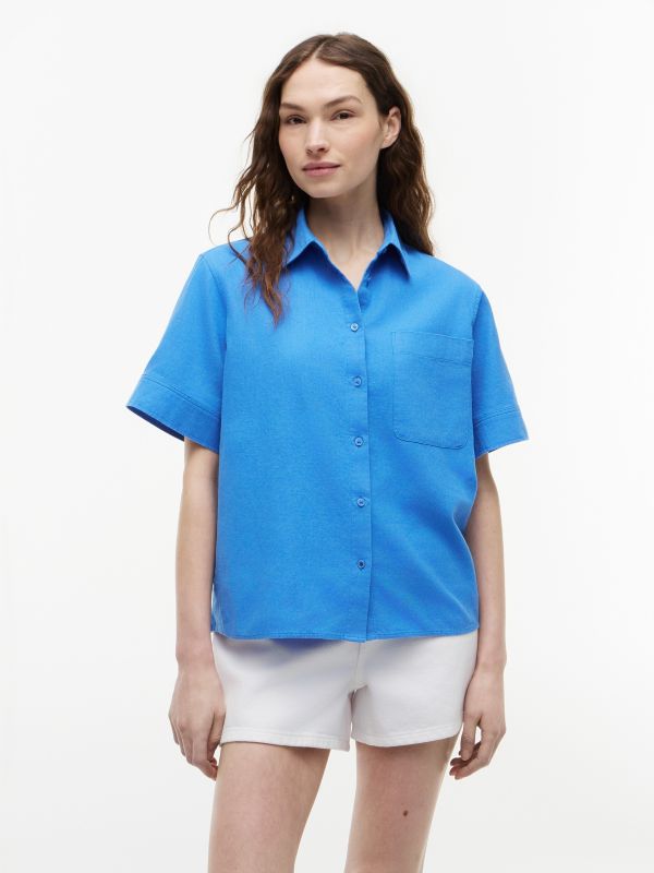 Short-Sleeve Linen-Blend Shirt — Siren Blue