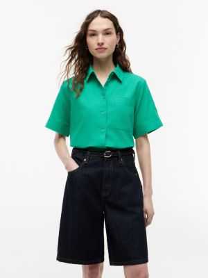 Short-Sleeve Linen-Blend Shirt, Cosmic Green