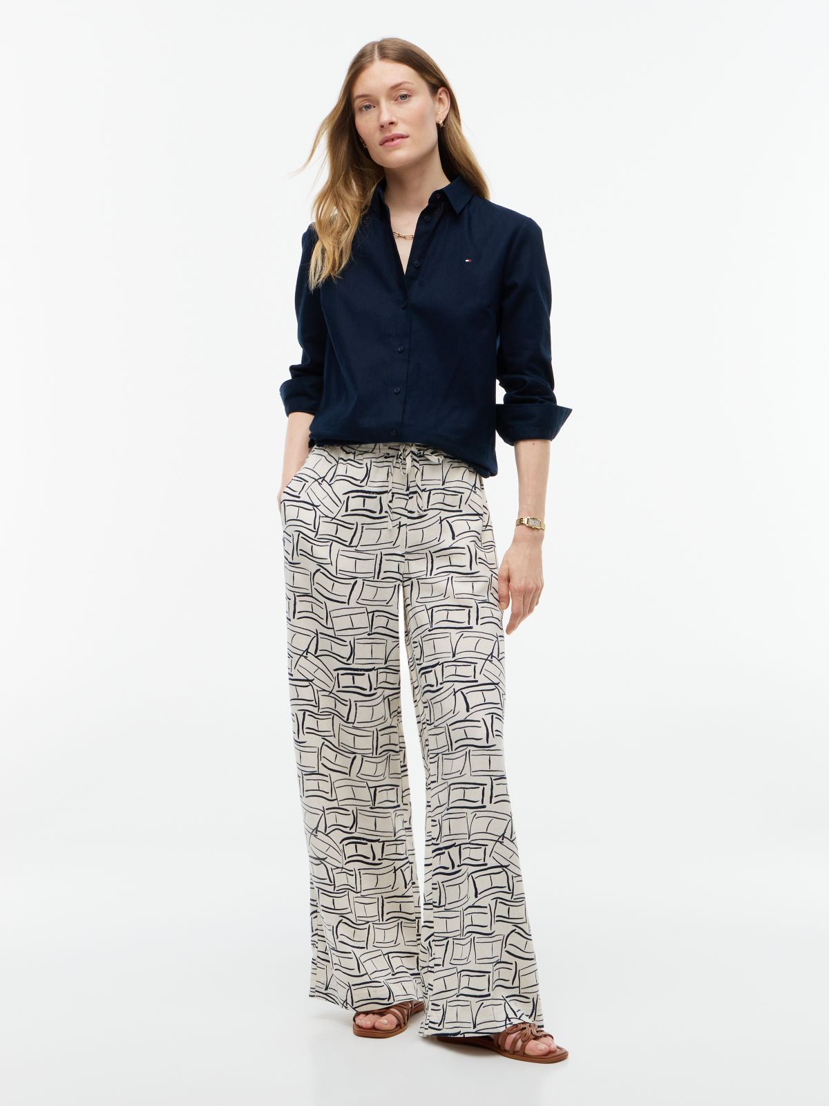 Allover Flag Linen-Blend Pull-On Pant — Calico