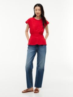Flutter-Sleeve Shirred T-Shirt — Primary Red 2
