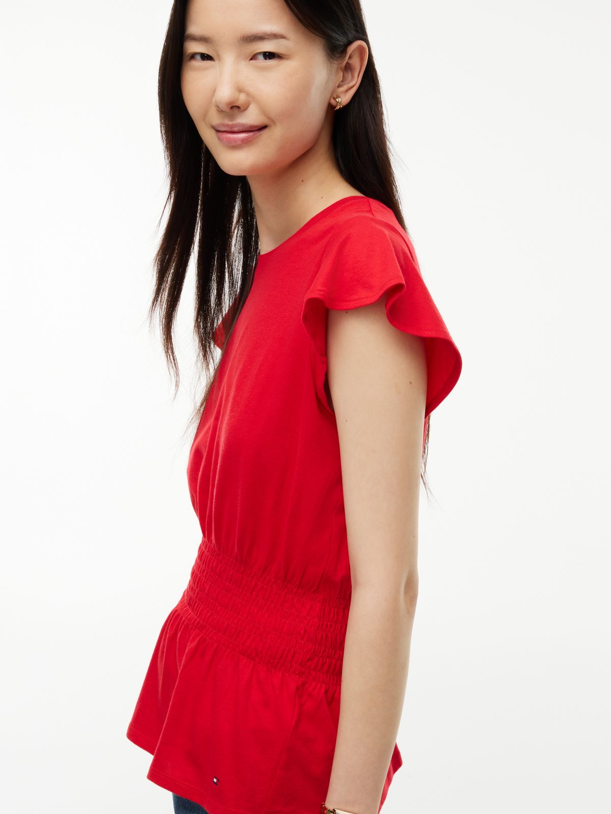Flutter-Sleeve Shirred T-Shirt — Primary Red