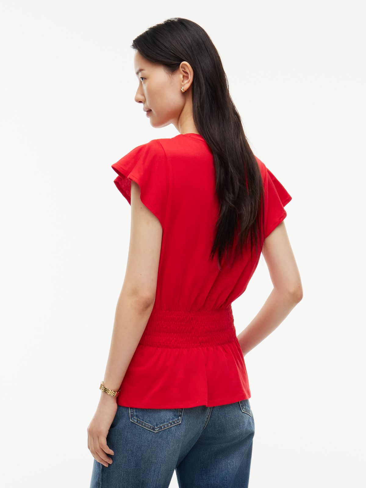 Flutter-Sleeve Shirred T-Shirt — Primary Red