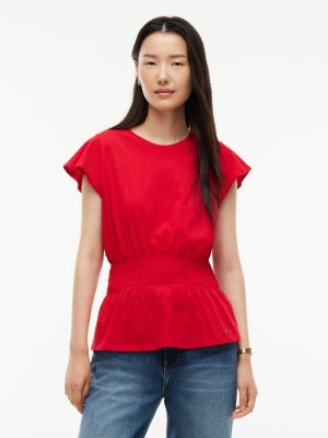 Flutter-Sleeve Shirred T-Shirt, Primary Red
