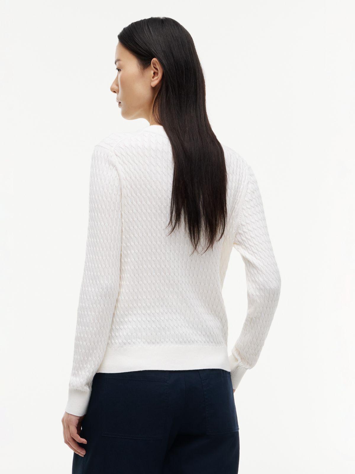 Cable Knit Crewneck Cardigan — Ivory Silk